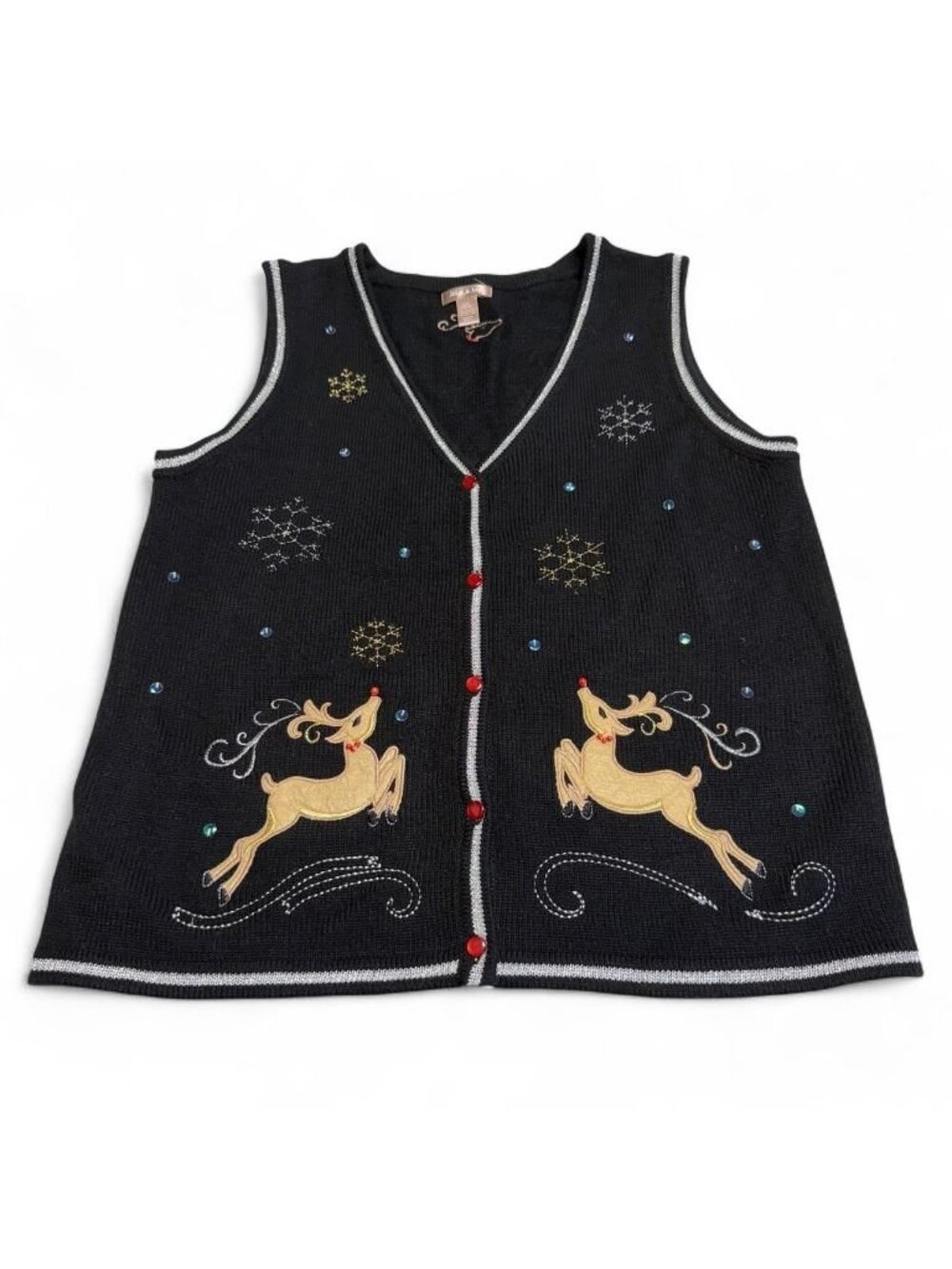 90's Vintage Whimsical Reindeer Cardigan Sweater Vest Women Large Winter Holiday